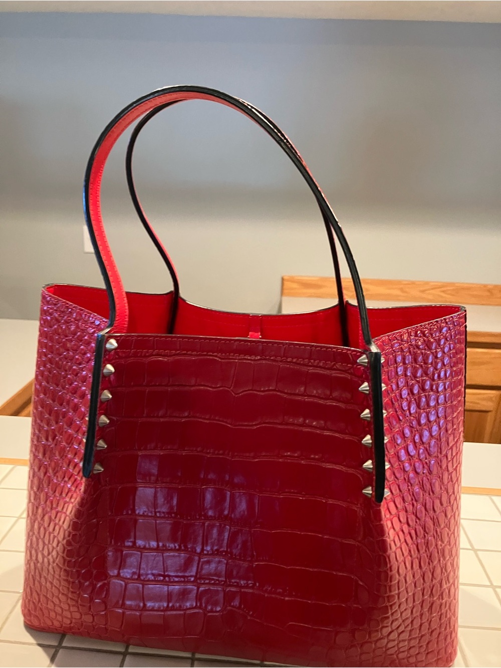 Christian Louboutin Red Croc-Embossed Tote with Studded Trim - Picture 4 of 8